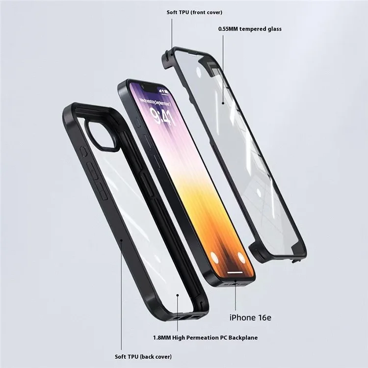 Для iPhone 16e Чехол с двухсторонним закалённым стеклом + силикон + TPU - Чёрный