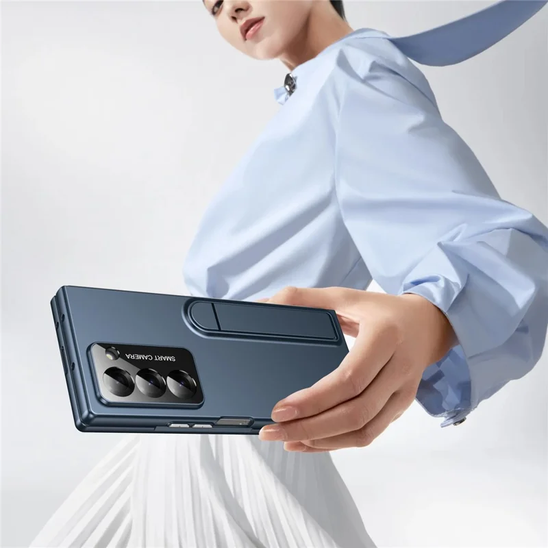 Étui pour Samsung Galaxy Z Fold6 5G avec Support Pliant, Coque de Téléphone en PC au Toucher Doux, Protecteur d'Écran Intégré - Bleu Foncé