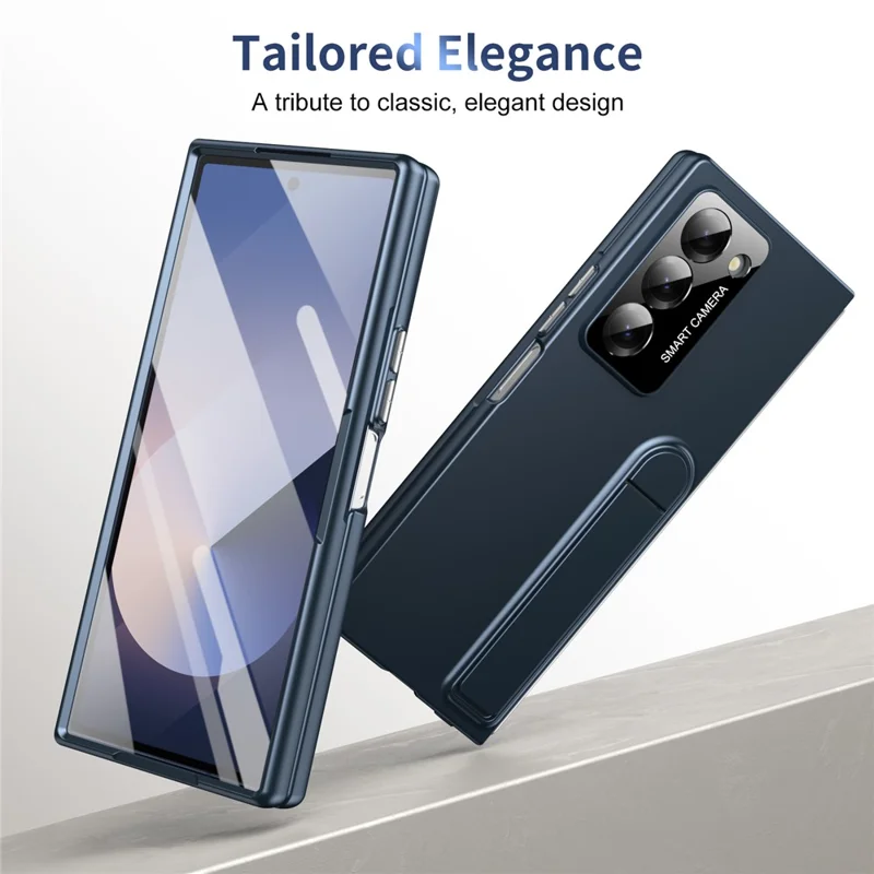 Étui pour Samsung Galaxy Z Fold6 5G avec Support Pliant, Coque de Téléphone en PC au Toucher Doux, Protecteur d'Écran Intégré - Bleu Foncé