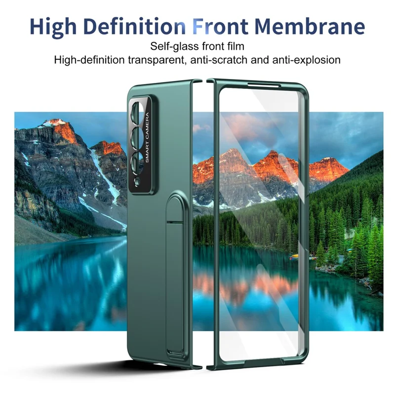 For Samsung Galaxy Z Fold3 5G Case Foldable Kickstand Skin-Touch PC Phone Cover Built In Screen Protector - Dark Green