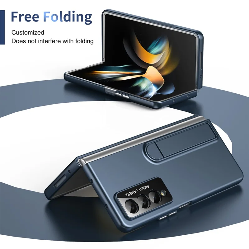 For Samsung Galaxy Z Fold4 5G Case Foldable Kickstand Skin-Touch PC Phone Cover Built In Screen Protector - Dark Blue