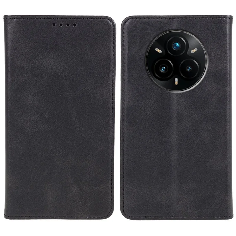 For Realme 14 Pro+ 5G Case Strong Magnetic PU Leather Phone Cover Calf Texture - Black