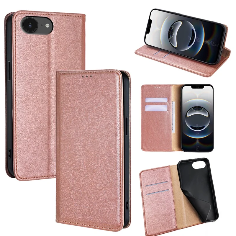 For iPhone 17e / 16e Case Wallet PU Leather Magnetic Auto-Absorbed Phone Cover - Rose Gold