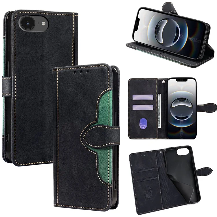 For iPhone 16e Case Leather Wallet Phone Cover with Straw Hat Magnetic Clasp - Black