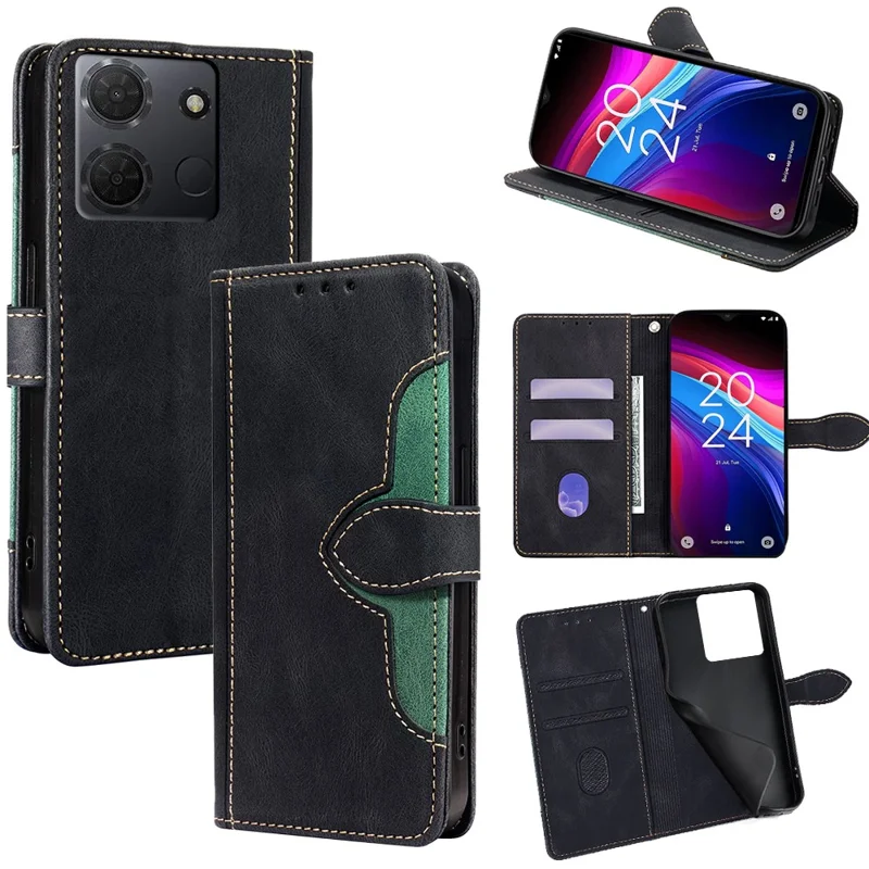 For TCL 503 Case Leather Wallet Phone Cover with Straw Hat Magnetic Clasp - Black