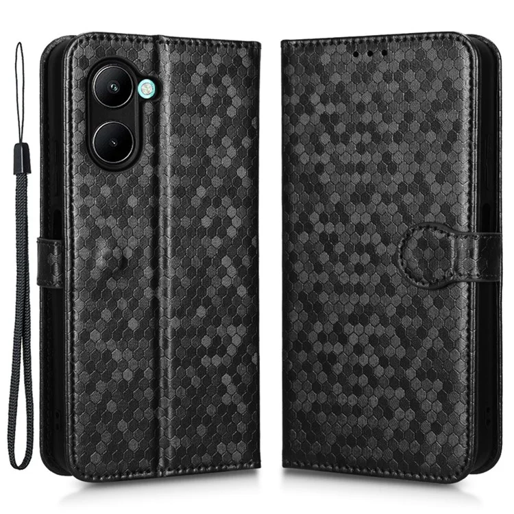 Para Realme C33 4G Patrón de Punto Impresión Funda de Billetera Magnética pu Cuero Flip Cover Con Correa - Negro