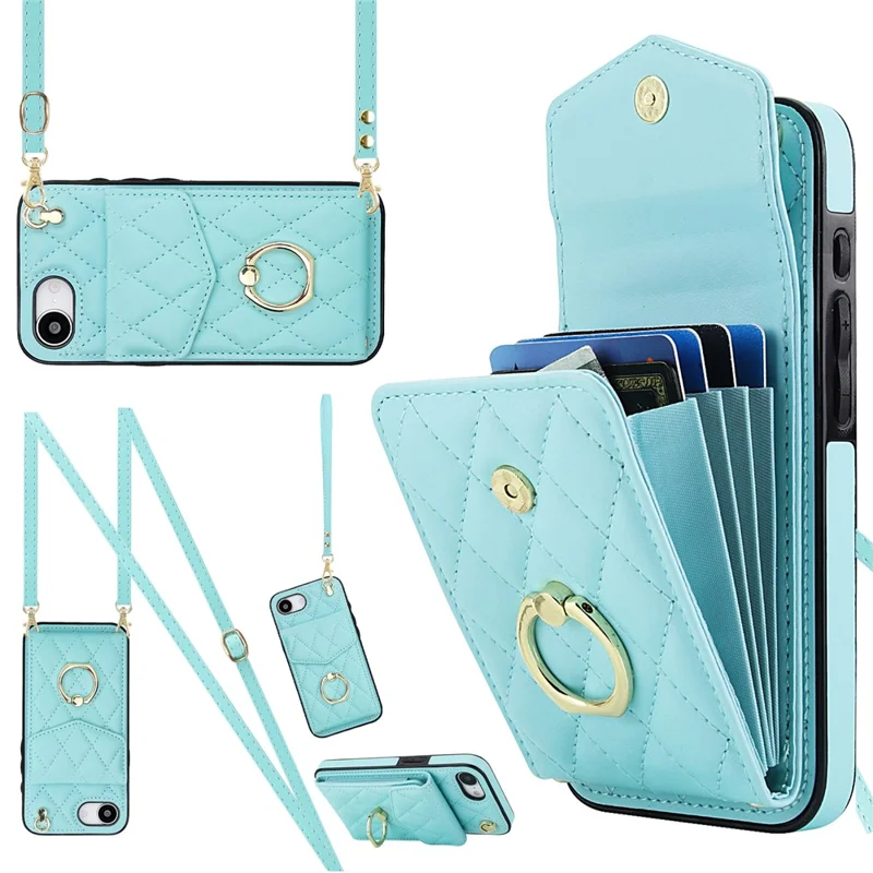 For iPhone 17e / 16e Case RFID Blocking Card Bag Leather + TPU Crossbody Phone Cover with Ring Kickstand - Mint Green
