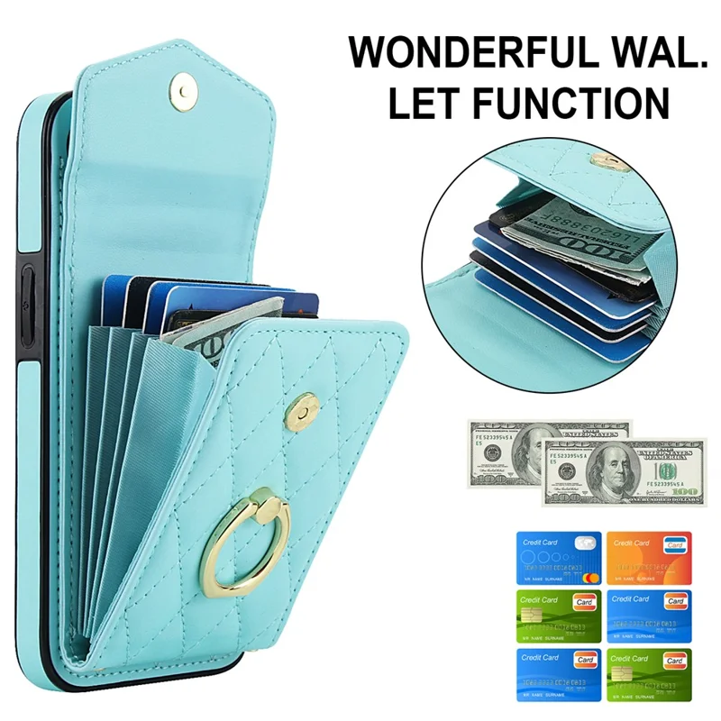 For iPhone 17e / 16e Case RFID Blocking Card Bag Leather + TPU Crossbody Phone Cover with Ring Kickstand - Mint Green