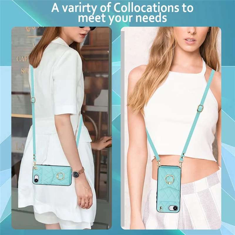 For iPhone 17e / 16e Case RFID Blocking Card Bag Leather + TPU Crossbody Phone Cover with Ring Kickstand - Mint Green