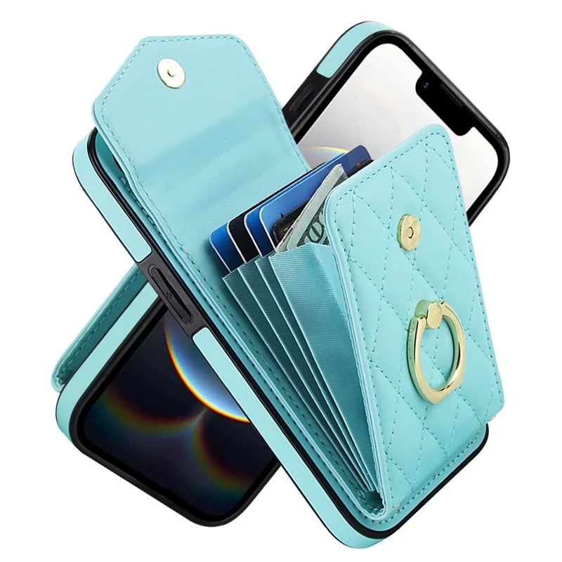 For iPhone 17e / 16e Case RFID Blocking Card Bag Leather + TPU Crossbody Phone Cover with Ring Kickstand - Mint Green