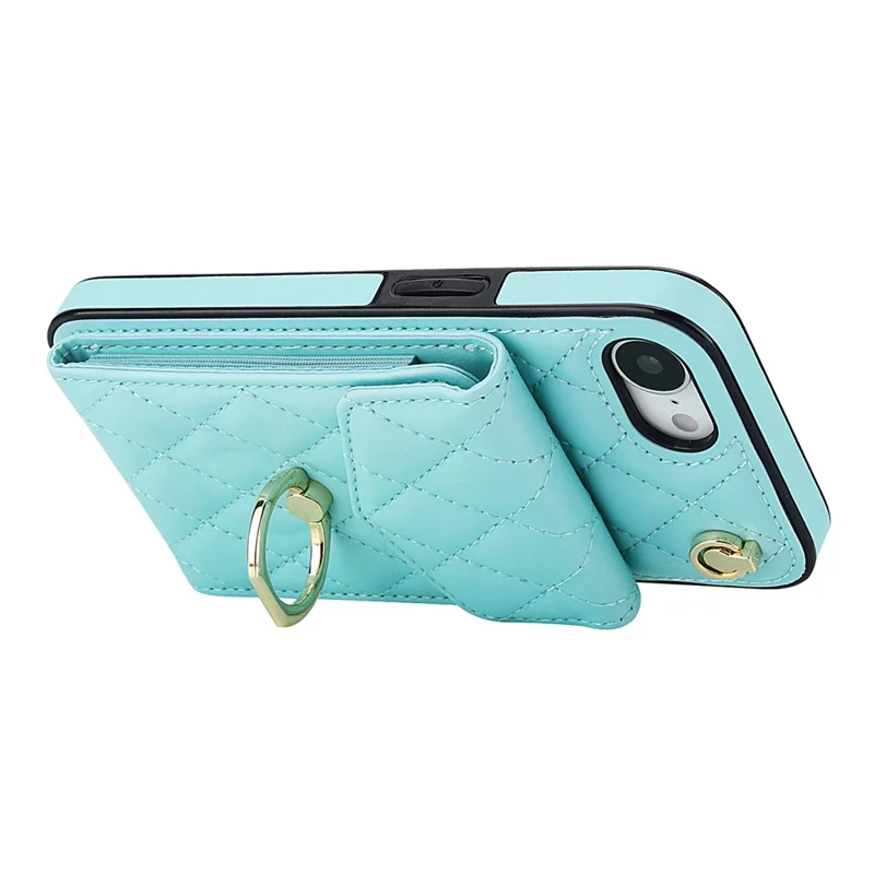 For iPhone 17e / 16e Case RFID Blocking Card Bag Leather + TPU Crossbody Phone Cover with Ring Kickstand - Mint Green