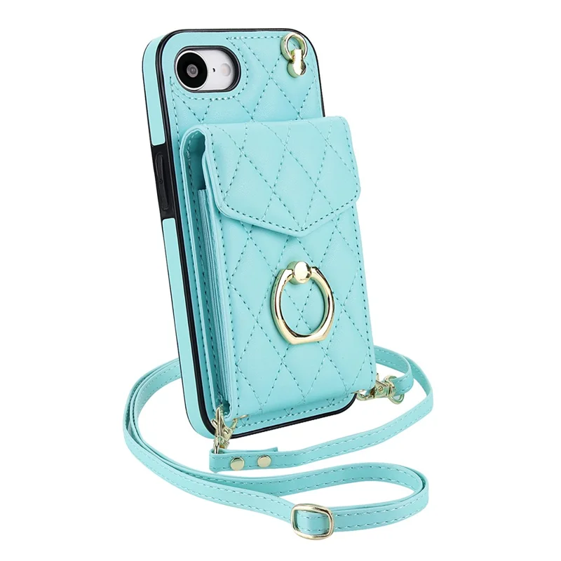 For iPhone 17e / 16e Case RFID Blocking Card Bag Leather + TPU Crossbody Phone Cover with Ring Kickstand - Mint Green