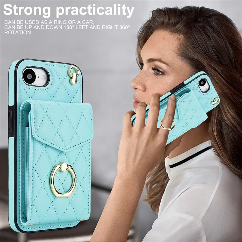 For iPhone 17e / 16e Case RFID Blocking Card Bag Leather + TPU Crossbody Phone Cover with Ring Kickstand - Mint Green