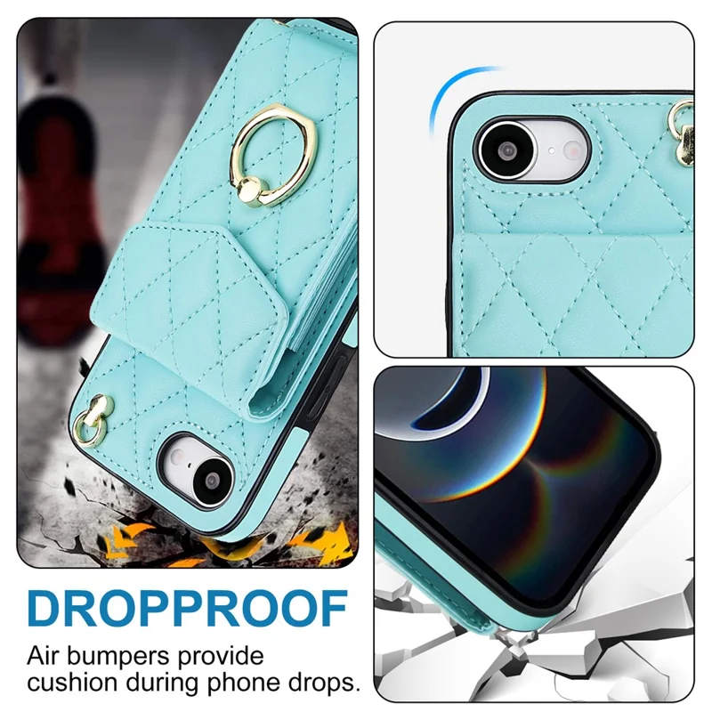 For iPhone 17e / 16e Case RFID Blocking Card Bag Leather + TPU Crossbody Phone Cover with Ring Kickstand - Mint Green