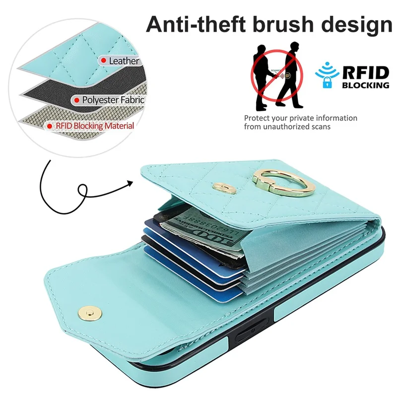 For iPhone 17e / 16e Case RFID Blocking Card Bag Leather + TPU Crossbody Phone Cover with Ring Kickstand - Mint Green