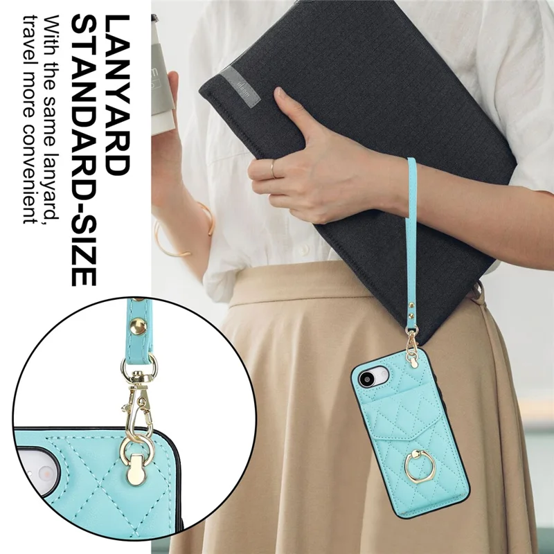 For iPhone 17e / 16e Case RFID Blocking Card Bag Leather + TPU Crossbody Phone Cover with Ring Kickstand - Mint Green