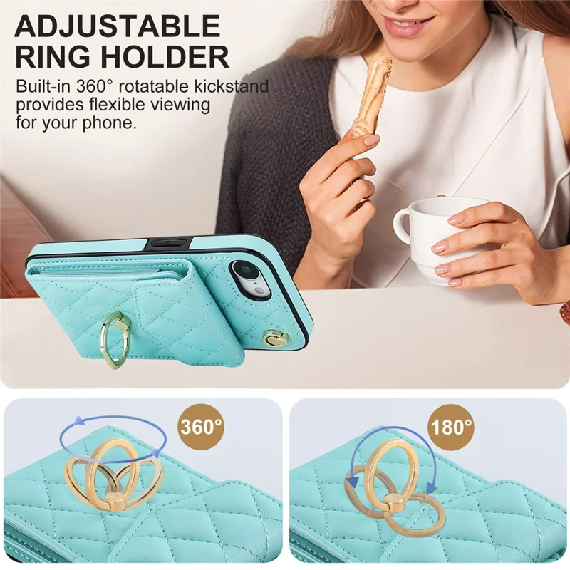 For iPhone 17e / 16e Case RFID Blocking Card Bag Leather + TPU Crossbody Phone Cover with Ring Kickstand - Mint Green