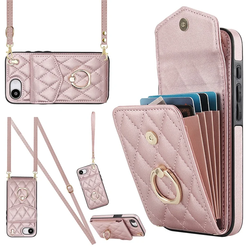 For iPhone 17e / 16e Case RFID Blocking Card Bag Leather + TPU Crossbody Phone Cover with Ring Kickstand - Rose Gold