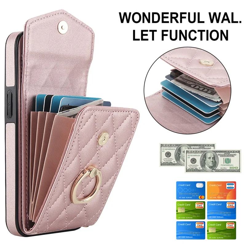 For iPhone 17e / 16e Case RFID Blocking Card Bag Leather + TPU Crossbody Phone Cover with Ring Kickstand - Rose Gold