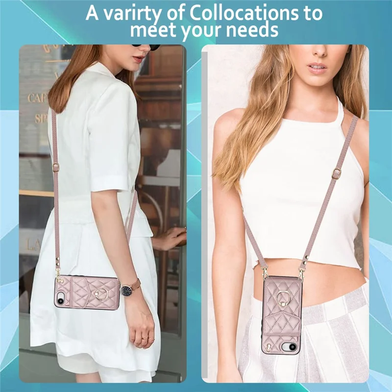 For iPhone 17e / 16e Case RFID Blocking Card Bag Leather + TPU Crossbody Phone Cover with Ring Kickstand - Rose Gold