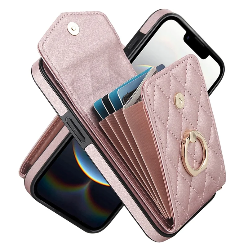 For iPhone 17e / 16e Case RFID Blocking Card Bag Leather + TPU Crossbody Phone Cover with Ring Kickstand - Rose Gold