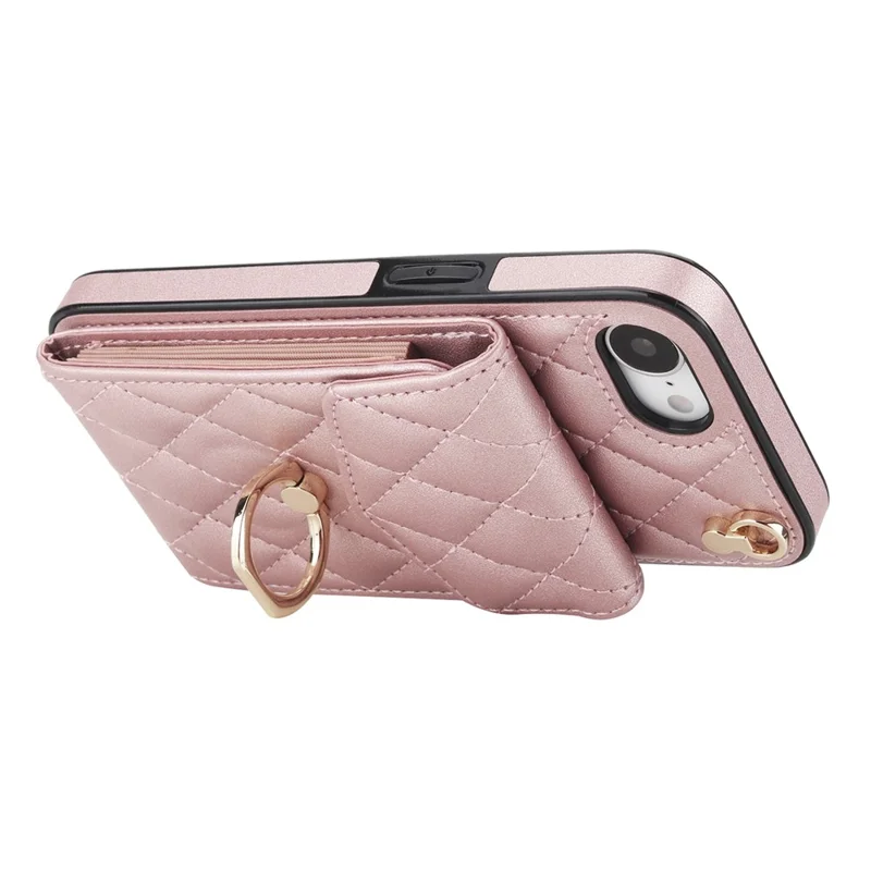 For iPhone 17e / 16e Case RFID Blocking Card Bag Leather + TPU Crossbody Phone Cover with Ring Kickstand - Rose Gold