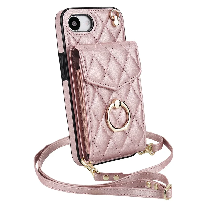 For iPhone 17e / 16e Case RFID Blocking Card Bag Leather + TPU Crossbody Phone Cover with Ring Kickstand - Rose Gold
