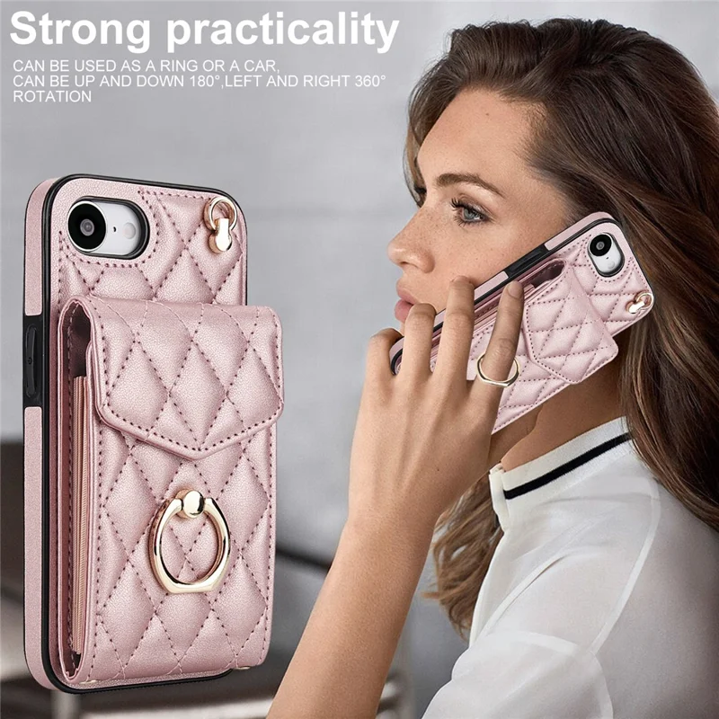 For iPhone 17e / 16e Case RFID Blocking Card Bag Leather + TPU Crossbody Phone Cover with Ring Kickstand - Rose Gold