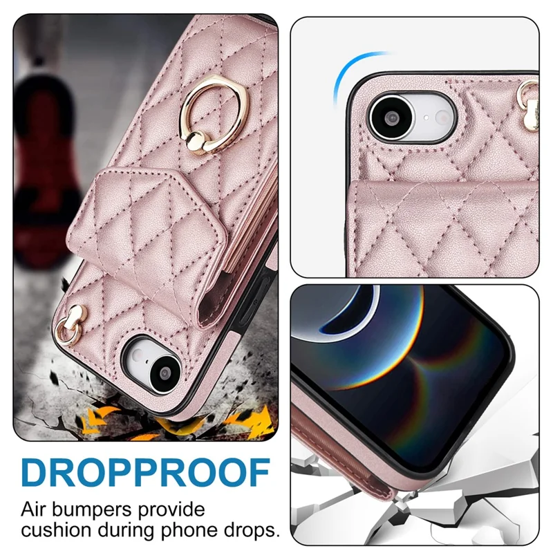 For iPhone 17e / 16e Case RFID Blocking Card Bag Leather + TPU Crossbody Phone Cover with Ring Kickstand - Rose Gold