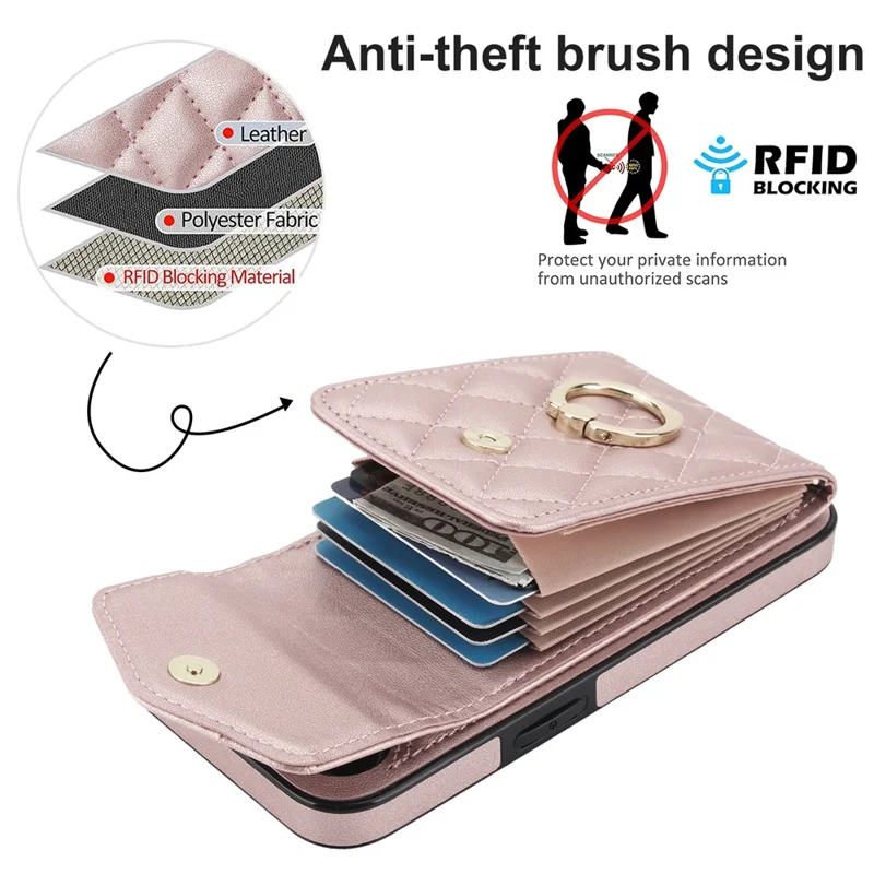 For iPhone 17e / 16e Case RFID Blocking Card Bag Leather + TPU Crossbody Phone Cover with Ring Kickstand - Rose Gold