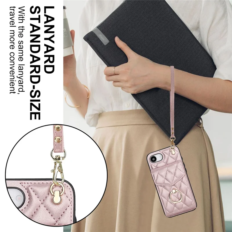 For iPhone 17e / 16e Case RFID Blocking Card Bag Leather + TPU Crossbody Phone Cover with Ring Kickstand - Rose Gold