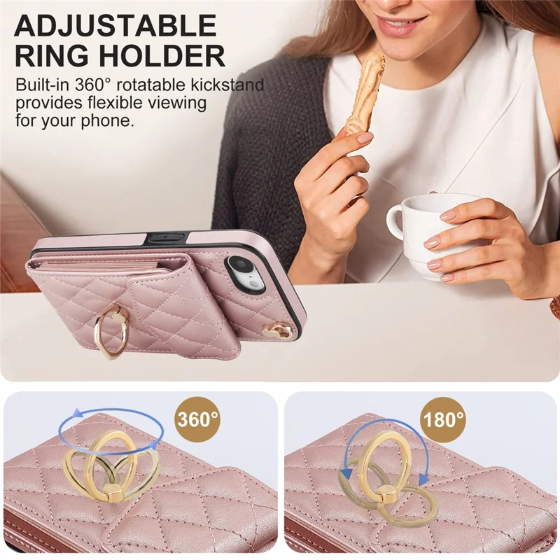 For iPhone 17e / 16e Case RFID Blocking Card Bag Leather + TPU Crossbody Phone Cover with Ring Kickstand - Rose Gold