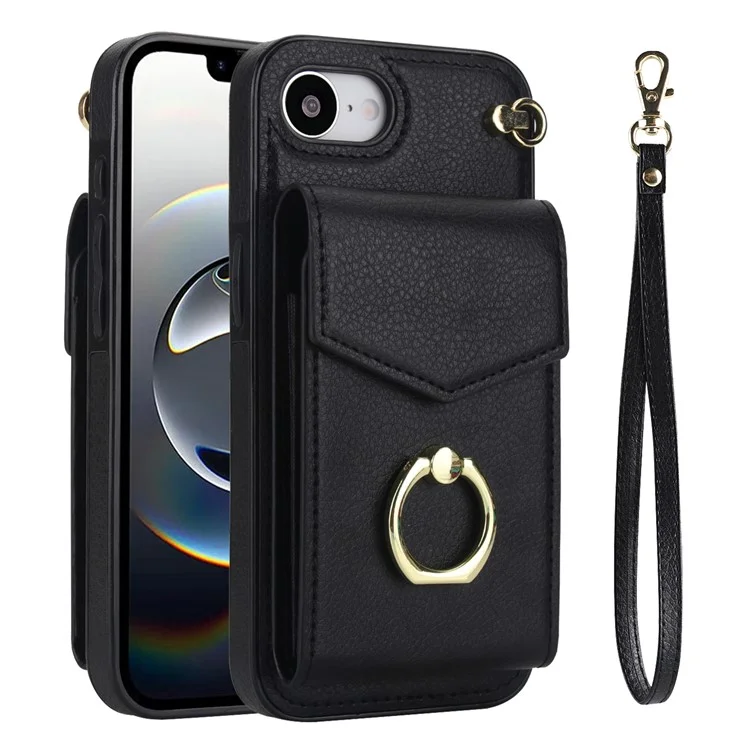 For iPhone 16e Case Leather + TPU Accordion Card Bag Phone Cover with Ring Kickstand - Black