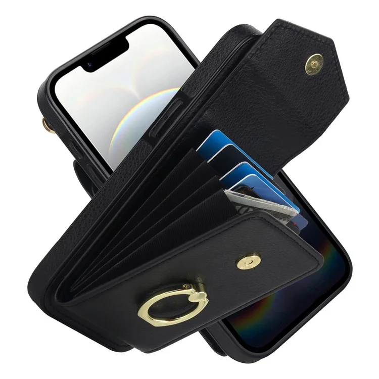 For iPhone 16e Case Leather + TPU Accordion Card Bag Phone Cover with Ring Kickstand - Black
