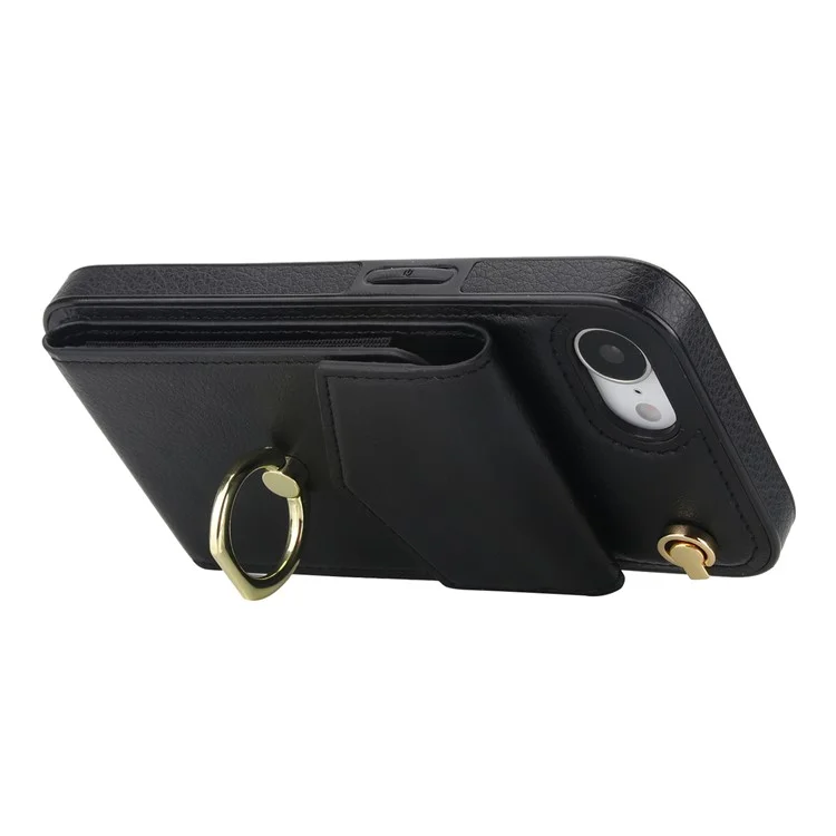 For iPhone 16e Case Leather + TPU Accordion Card Bag Phone Cover with Ring Kickstand - Black