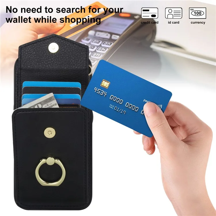For iPhone 16e Case Leather + TPU Accordion Card Bag Phone Cover with Ring Kickstand - Black