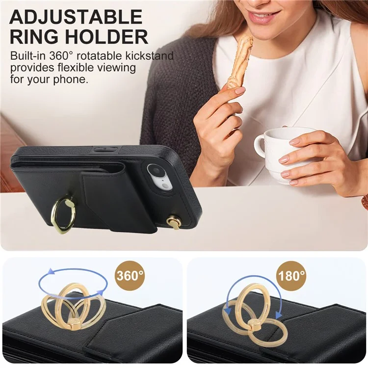 For iPhone 16e Case Leather + TPU Accordion Card Bag Phone Cover with Ring Kickstand - Black