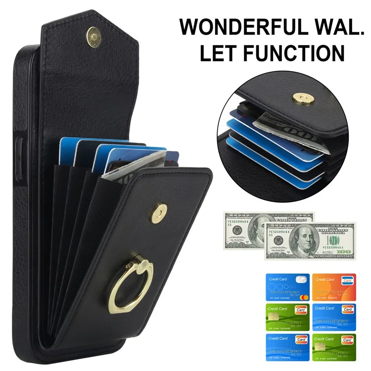 For iPhone 16e Case Leather + TPU Accordion Card Bag Phone Cover with Ring Kickstand - Black