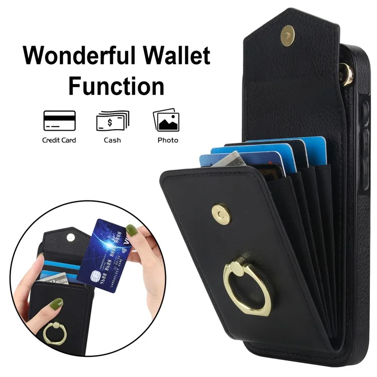 For iPhone 16e Case Leather + TPU Accordion Card Bag Phone Cover with Ring Kickstand - Black