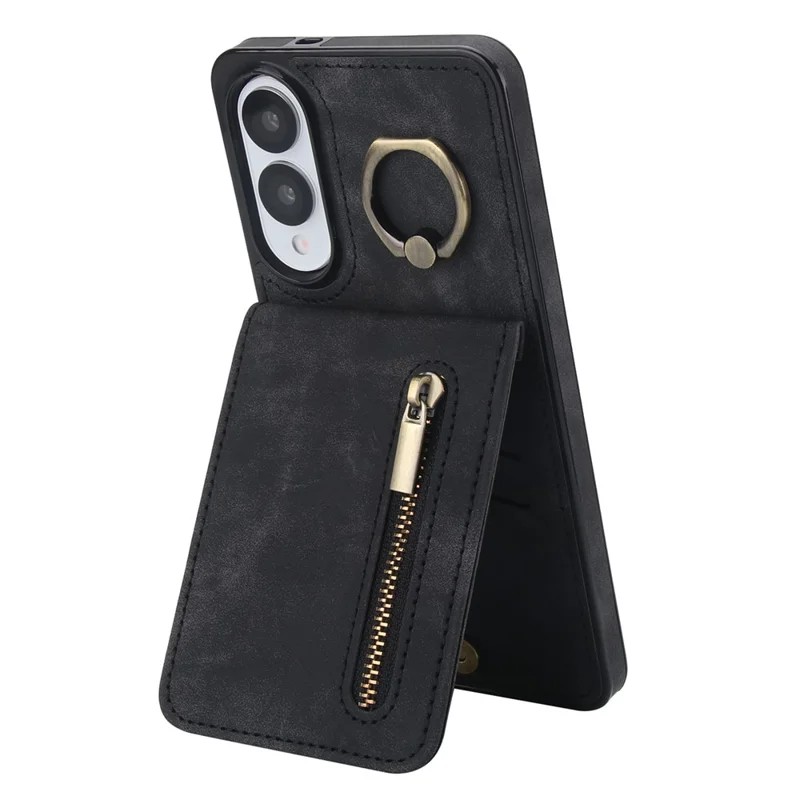 For Samsung Galaxy S25 Edge Case Zipper RFID Blocking Retro Leather + TPU Phone Cover with Kickstand - Black