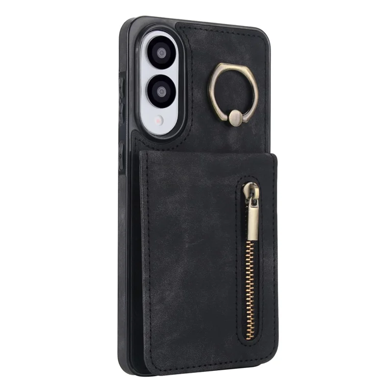 For Samsung Galaxy S25 Edge Case Zipper RFID Blocking Retro Leather + TPU Phone Cover with Kickstand - Black