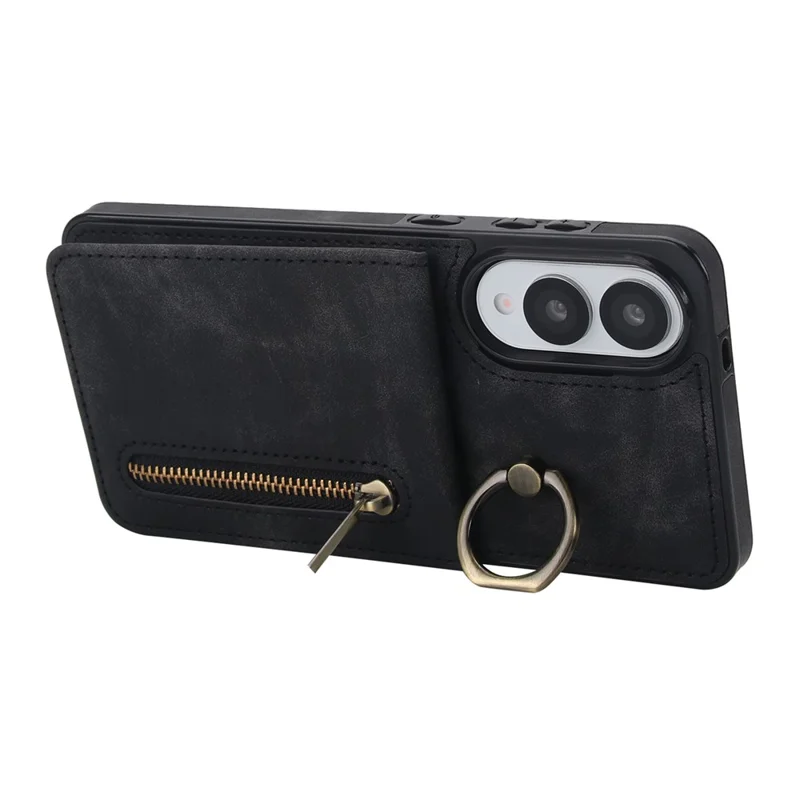 For Samsung Galaxy S25 Edge Case Zipper RFID Blocking Retro Leather + TPU Phone Cover with Kickstand - Black