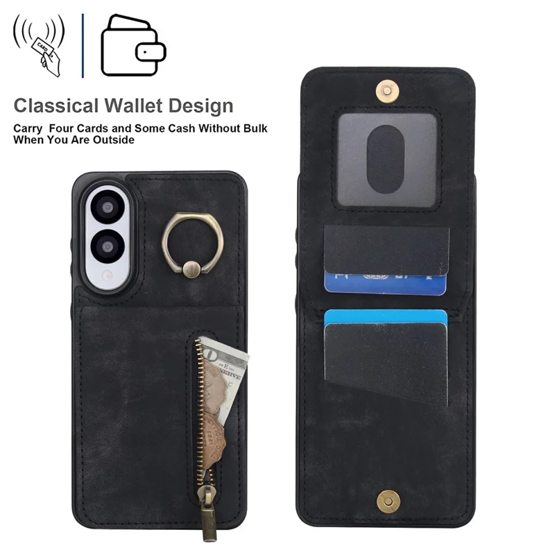 For Samsung Galaxy S25 Edge Case Zipper RFID Blocking Retro Leather + TPU Phone Cover with Kickstand - Black