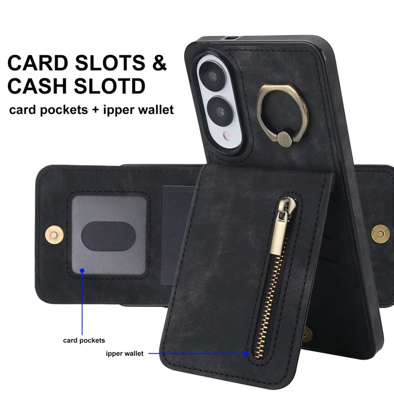 For Samsung Galaxy S25 Edge Case Zipper RFID Blocking Retro Leather + TPU Phone Cover with Kickstand - Black