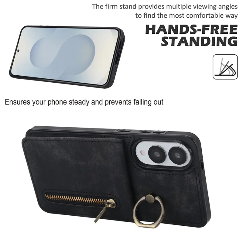 For Samsung Galaxy S25 Edge Case Zipper RFID Blocking Retro Leather + TPU Phone Cover with Kickstand - Black