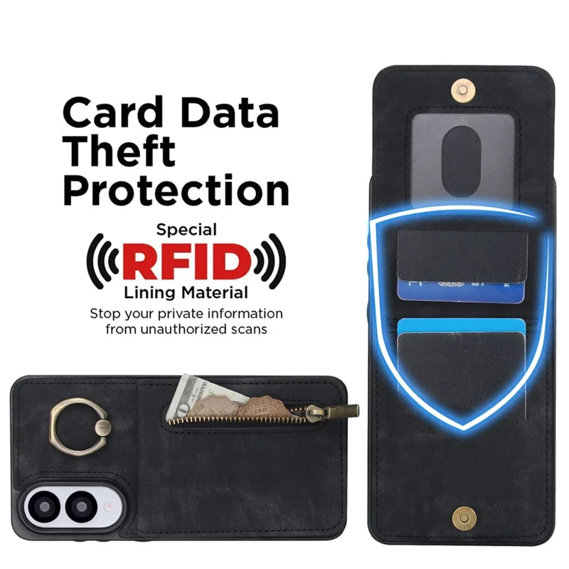 For Samsung Galaxy S25 Edge Case Zipper RFID Blocking Retro Leather + TPU Phone Cover with Kickstand - Black