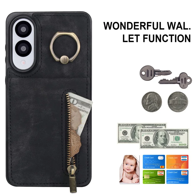 For Samsung Galaxy S25 Edge Case Zipper RFID Blocking Retro Leather + TPU Phone Cover with Kickstand - Black