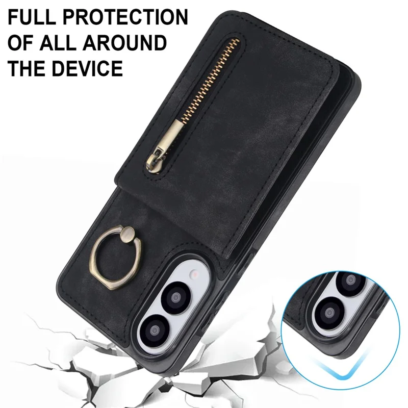 For Samsung Galaxy S25 Edge Case Zipper RFID Blocking Retro Leather + TPU Phone Cover with Kickstand - Black