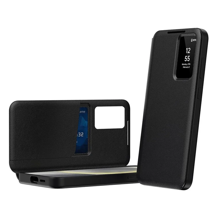 Capa para Samsung Galaxy A55 5G com Suporte para Cartões, Janela Smart View e Couro - Preta