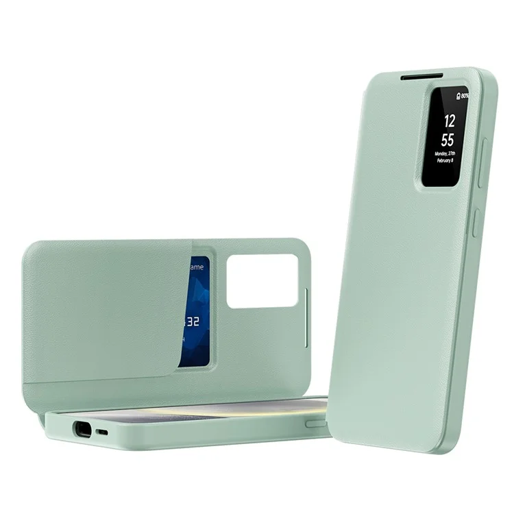 For Samsung Galaxy A55 5G Case with Card Holder Smart View Window Leather Phone Cover - Green